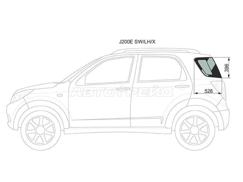 Стекло кузова боковое (не опускное) (Слева / Цвет зеленый) Daihatsu Be-Go 06-16  / Terios 06-  / Toyota Rush 06-16 (XYG: J200E SW/LH/X)