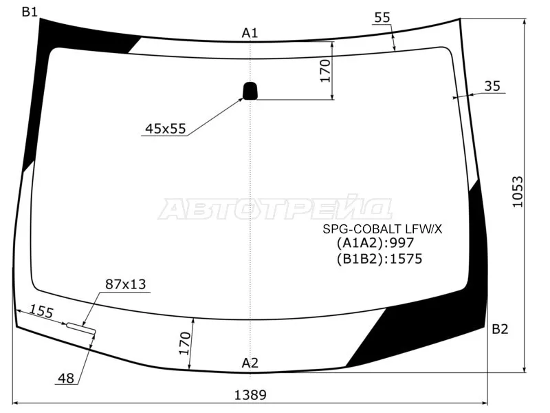 Стекло лобовое Chevrolet Cobalt 13-  / Ravon R4 16- (SAT: SPG-COBALT LFW/X)