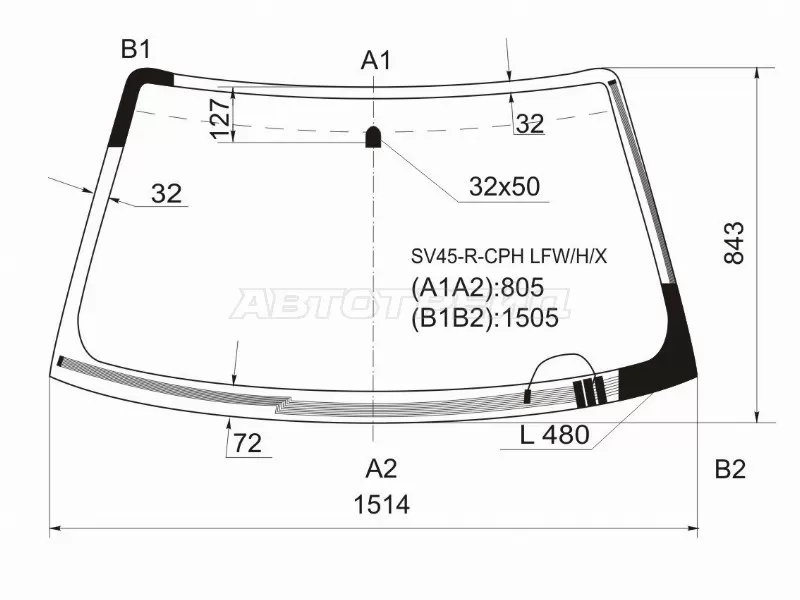 Стекло лобовое (Обогрев щеток) Toyota Camry (XV20) 96-02  / Camry UAE /USA 96-01  / Mark II Wagon Qualis 97-02 (XYG: SV45-R-CPH LFW/H/X)