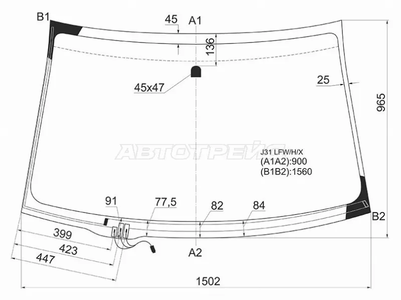 Стекло лобовое (Обогрев щеток) Nissan Teana 03-08 (XYG: J31 LFW/H/X)