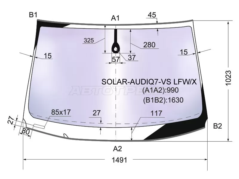 Стекло лобовое (Атермальное / Датчик дождя / Молдинг) Audi Q7 05-15 (XYG: SOLAR-AUDIQ7-VS LFW/X)