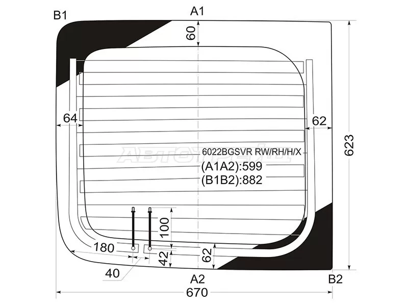 Стекло заднее (Цвет зеленый / Обогрев) Nissan Primastar 02-14  / Opel Vivaro 01-14  / Renault Trafic 01-14 (XYG: 6022BGSVR RW/RH/H/X)