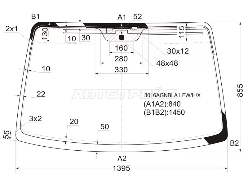 Стекло лобовое (Антенна) Chevrolet Lacetti 04-13  / Daewoo Lacetti 04-09  / Chevrolet Nubira 04-13  / Optra 04-13  / Daewoo Gentra 05-15  / Nubira 02-05  / Ravon Gentra 15-  / Suzuki Forenza 03-08 (XYG: 3016AGNBLA LFW/H/X)