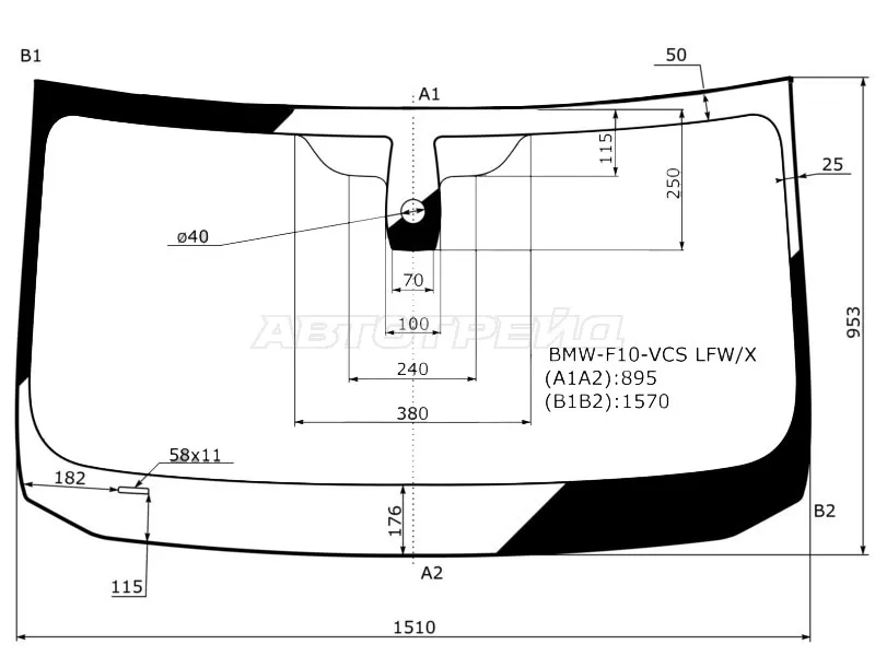 Стекло лобовое (Датчик дождя / 4D SED /5D WGN) BMW 5-Series 09-13 (XYG: BMW-F10-VCS LFW/X)