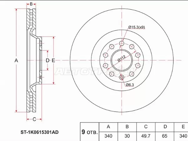 Диск тормозной (Перед) Audi A3 12-19  / Q3 18-  / Skoda Kodiaq 16-22  / Octavia 12-20  / Volkswagen Golf 12-19  / Passat 80-  / Tiguan 16-  / Audi S3 13-16  / SEAT Leon 12-15  / Skoda Superb 08-19  / Volkswagen Passat CC 08-16 (SAT: ST-1K0615301AD)