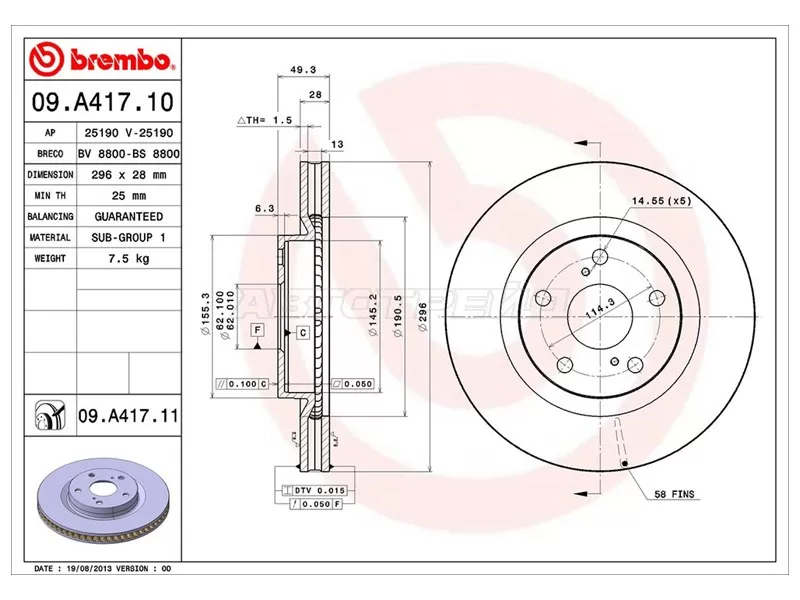 Диск тормозной (Спереди) Toyota Camry (XV40,XV50) 06-21  / Harrier (XU60) 13-20  / Prius (ZVW30) 09-16  / RAV4 (XA30,XA40) 05-19  / Lexus ES 06-18  / Toyota Auris 09-18  / Camry UAE /USA 06-17 (BREMBO: 09.A417.10)