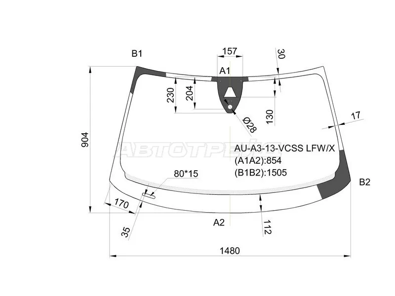 Стекло лобовое (Камера / Датчик дождя / 3 /5D HBK) Audi A3 12-16  / S3 13-16 (XYG: AU-A3-13-VCSS LFW/X)