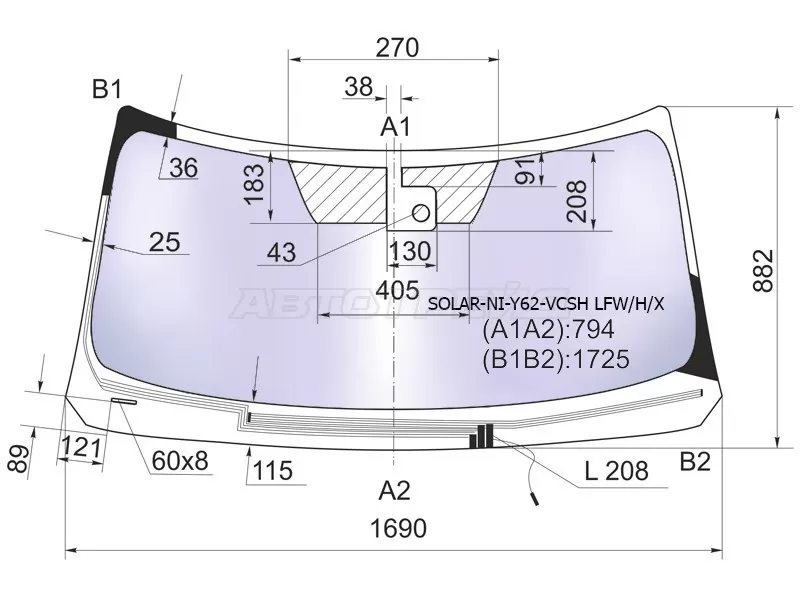 Стекло лобовое (Атермальное / Обогрев щеток / Датчик дождя) Infiniti QX56 10-13  / Nissan Patrol 10-19  / Infiniti QX80 13-20 (XYG: SOLAR-NI-Y62-VCSH LFW/H/X)