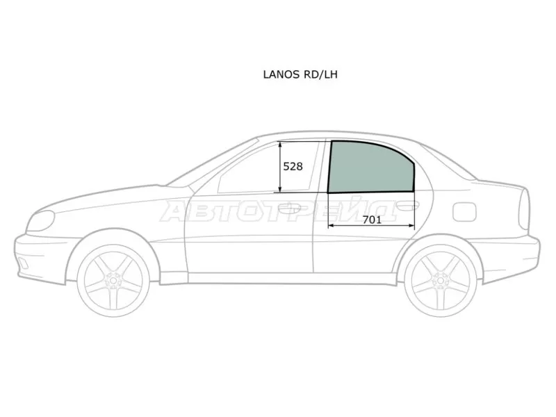 Стекло боковое опускное (Сзади / Слева / Цвет зеленый) Chevrolet Lanos 05-09  / Daewoo Lanos 97-08  / ЗАЗ Шанс 05-14 (XYG: LANOS RD/LH)