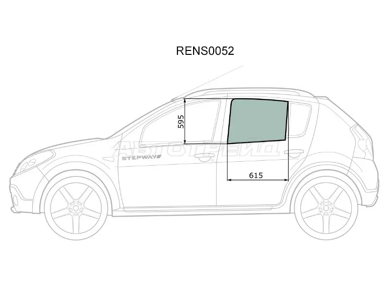 Стекло боковое опускное (Сзади / Слева / Цвет зеленый) Renault Sandero 09-14  / Dacia Sandero 08-12  / Renault Sandero Stepway 10-14 (KMK: RENS0052)
