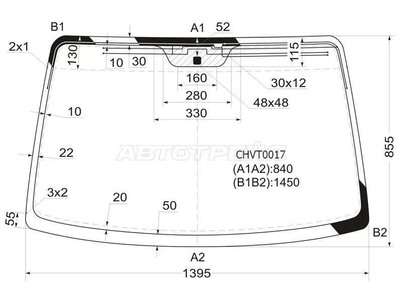 Стекло лобовое (Антенна) Chevrolet Lacetti 04-13  / Daewoo Lacetti 04-09  / Chevrolet Nubira 04-13  / Optra 04-13  / Daewoo Gentra 05-15  / Nubira 02-05  / Ravon Gentra 15-  / Suzuki Forenza 03-08 (KMK: CHVT0017)