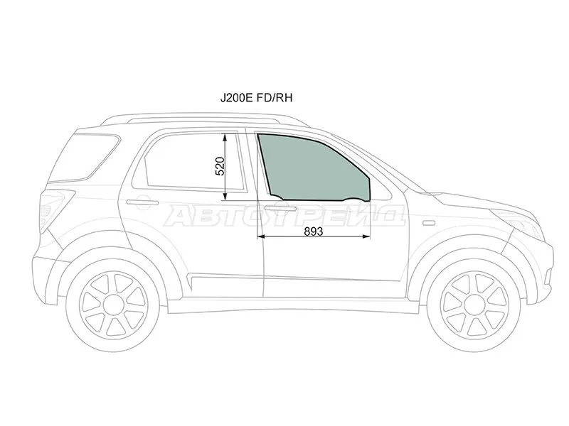 Стекло боковое опускное (Спереди / Справа / Цвет зеленый) Daihatsu Be-Go 06-16  / Terios 06-  / Toyota Rush 06-16 (XYG: J200E FD/RH)