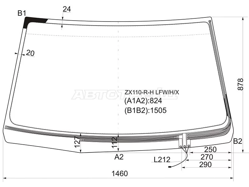 Стекло лобовое (Обогрев щеток) Toyota Mark II (X110) 00-04  / Mark II Wagon Blit 02-07 (XYG: ZX110-R-H LFW/H/X)