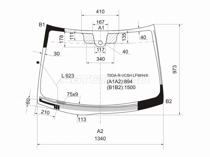 Стекло лобовое (Обогрев щеток / Датчик дождя) Nissan Tiida 04-14  / Tiida Latio 04-12  / Versa 06-12 (XYG: TIIDA-R-VCSH LFW/H/X)