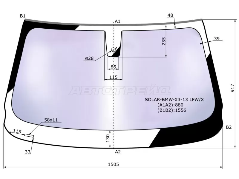 Стекло лобовое (Атермальное / Датчик дождя / Молдинг) BMW X3 14-17 (XYG: SOLAR-BMW-X3-13 LFW/X)