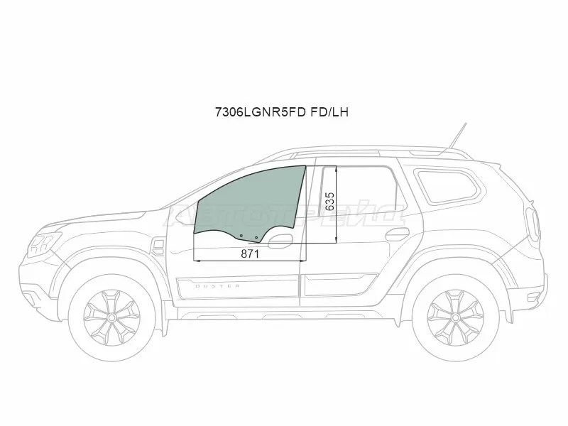 Стекло боковое опускное (Спереди / Слева / Цвет зеленый) Renault Duster 21-  / Dacia Duster 17- (XYG: 7306LGNR5FD FD/LH)