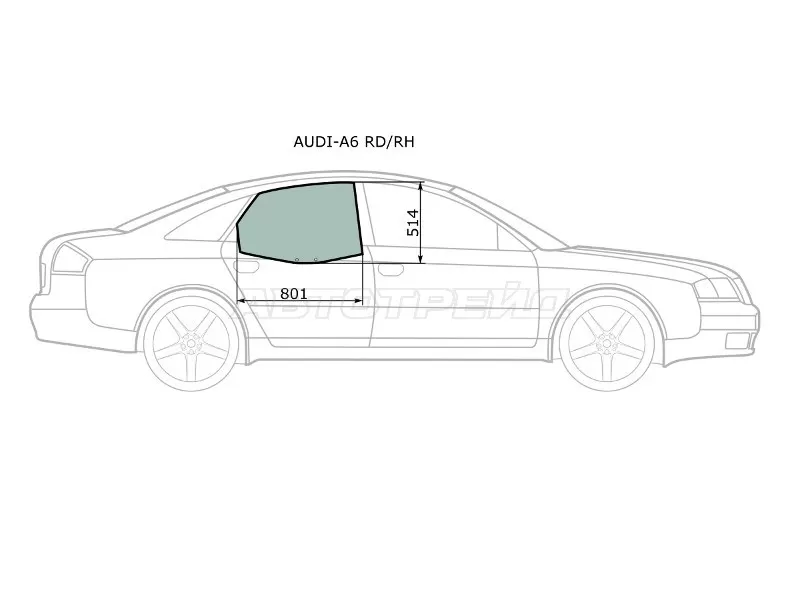 Стекло боковое опускное (Сзади / Справа / Цвет зеленый) Audi A6 97-05  / S6 99-04 (XYG: AUDI-A6 RD/RH)