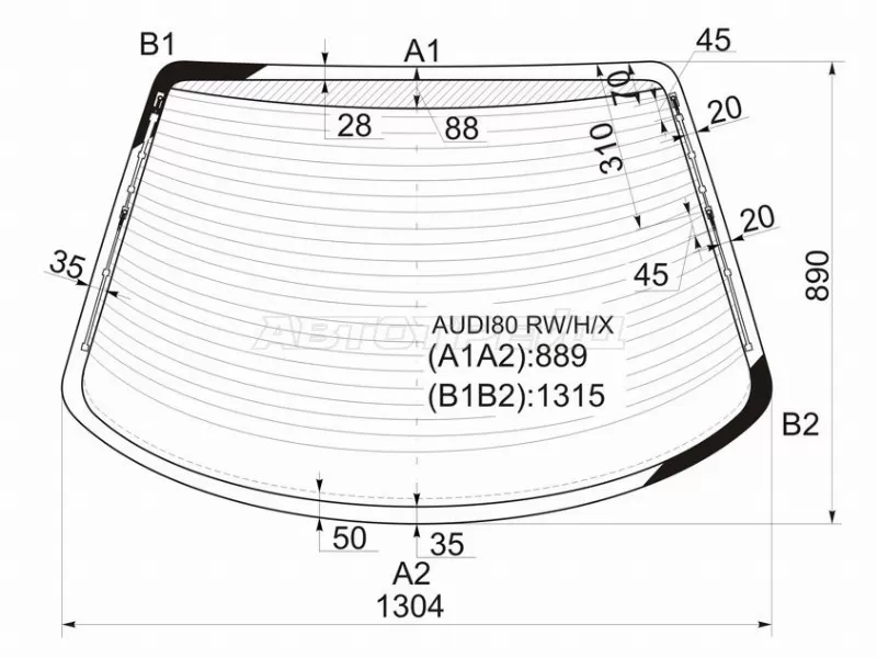 Стекло заднее (Цвет зеленый / Обогрев / Антенна) Audi 80 86-91 (XYG: AUDI80 RW/H/X)