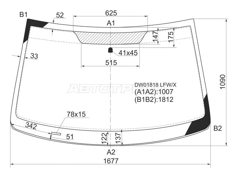 Стекло лобовое Chrysler Grand Voyager 08-15  / Town&Country 08-15  / Voyager 07-16  / Dodge Caravan 07-18  / Volkswagen Routan 08-12 (XYG: DW01818 LFW/X)