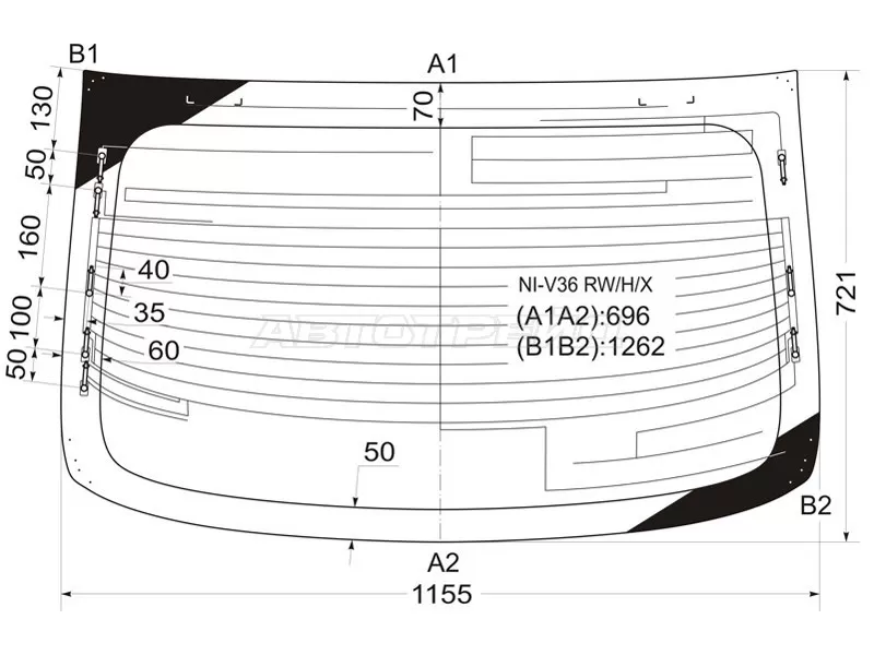 Стекло заднее (Цвет зеленый / Обогрев / Антенна) Infiniti G25 10-14  / G35 06-09  / G37 08-14  / Nissan Skyline 06-15 (XYG: NI-V36 RW/H/X)