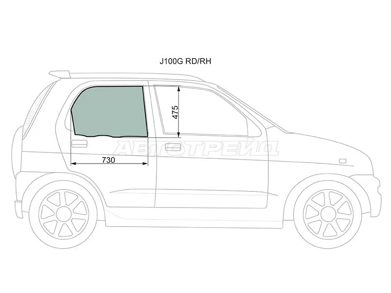 Стекло боковое опускное (Сзади / Справа / Цвет зеленый) Daihatsu Terios 97-  / Terios Kid 98-12  / Toyota Cami 99-06 (XYG: J100G RD/RH)