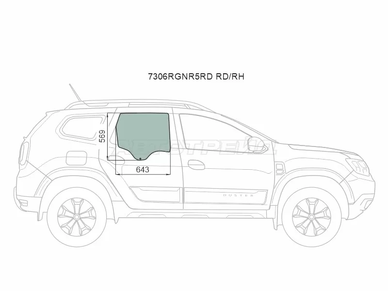Стекло боковое опускное (Сзади / Справа / Цвет зеленый) Renault Duster 21-  / Dacia Duster 17- (XYG: 7306RGNR5RD RD/RH)