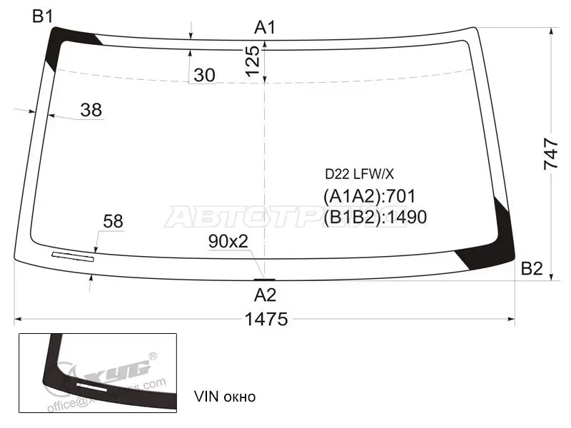 Стекло лобовое Nissan Terrano 86-96  / Datsun 85-02  / Frontier 97-04  / Navara 98-05 (XYG: D22 LFW/X)