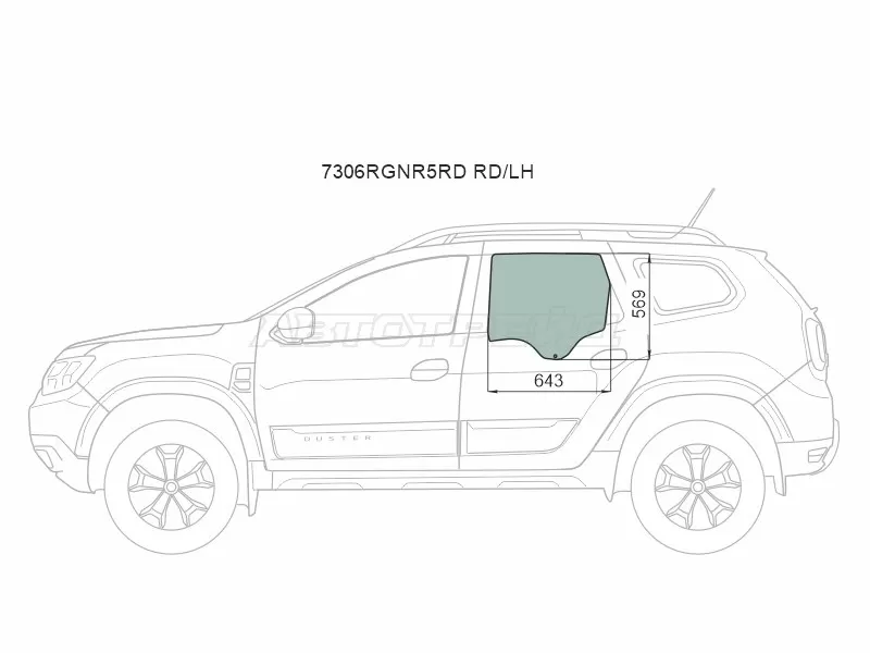 Стекло боковое опускное (Сзади / Слева / Цвет зеленый) Renault Duster 21-  / Dacia Duster 17- (XYG: 7306LGNR5RD RD/LH)