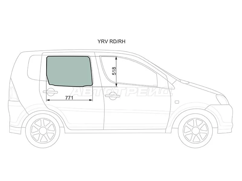 Стекло боковое опускное (Сзади / Справа / Цвет зеленый) Daihatsu YRV 00-05 (XYG: YRV RD/RH)