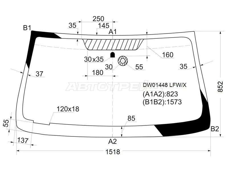 Стекло лобовое (Датчик дождя) Chevrolet TrailBlazer 01-10  / GMC Envoy 02-08  / Isuzu Ascender 03-09 (XYG: DW01448 LFW/X)
