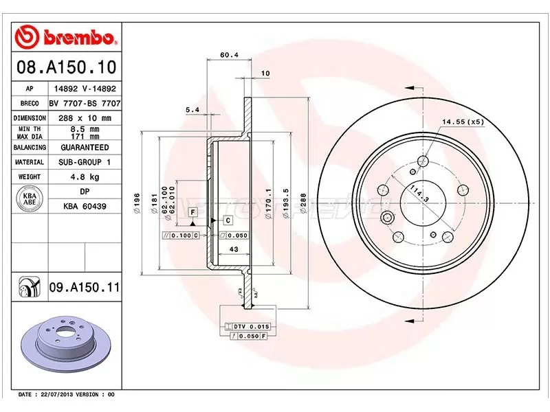 Диск тормозной (Сзади) Toyota Camry (XV30,XV40) 01-11  / Lexus RX 97-03  / Toyota Camry 01-06  / Camry UAE /USA 01-06 (BREMBO: 08.A150.11)
