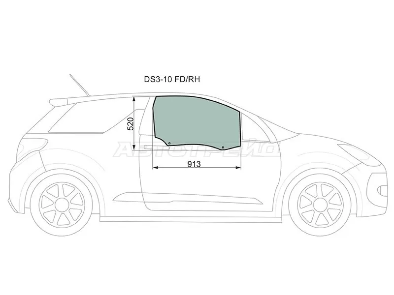 Стекло боковое опускное (Спереди / Справа / Цвет зеленый) Citroen DS3 09-16 (XYG: DS3-10 FD/RH)