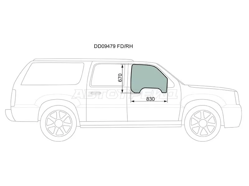 Стекло боковое опускное (Спереди / Справа / Цвет зеленый) Cadillac Escalade 01-06  / Chevrolet Avalanche 03-06  / Silverado 99-07 (XYG: DD09479 FD/RH)