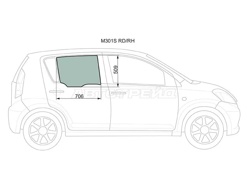 Стекло боковое опускное (Сзади / Справа / Цвет зеленый) Toyota Passo 04-10  / Daihatsu Boon 04-10  / Sirion 05-13  / Subaru Justy 07-11 (XYG: M301S RD/RH)