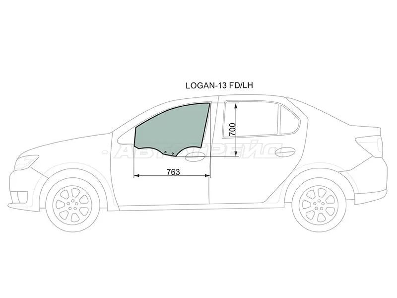 Стекло боковое опускное (Спереди / Слева / Цвет зеленый) Renault Logan 14-  / Sandero 14-  / Dacia Logan 12-19  / Sandero 12-19  / Sandero Stepway 12-19  / Renault Logan Stepway 18-  / Sandero Stepway 14-22 (XYG: LOGAN-13 FD/LH)