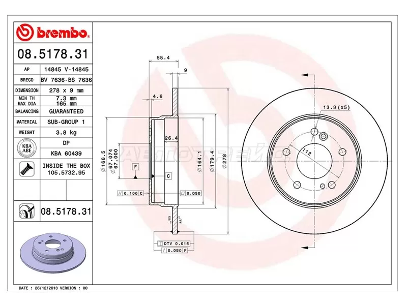 Диск тормозной (Сзади) Mercedes-Benz C-Class 93-08  / E-Class 84-03  / S-Class 79-91  / Chrysler Crossfire 04-08  / Mercedes-Benz CLK-Class 97-10  / SLK-Class 96-11 (BREMBO: 08.5178.31)