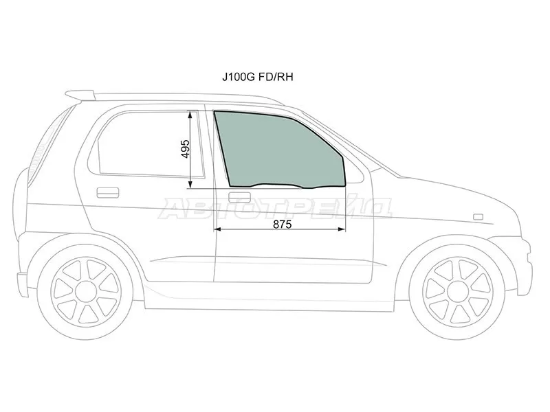 Стекло боковое опускное (Спереди / Справа / Цвет зеленый) Daihatsu Terios 97-  / Terios Kid 98-12  / Toyota Cami 99-06 (XYG: J100G FD/RH)