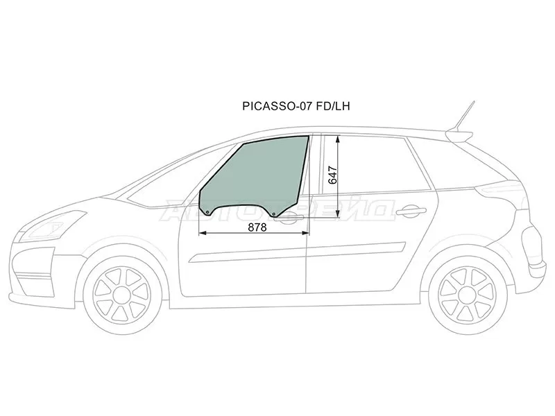 Стекло боковое опускное (Спереди / Слева / Цвет зеленый) Citroen C4 Picasso 07-14  / Grand C4 Picasso 07-14 (XYG: PICASSO-07 FD/LH)