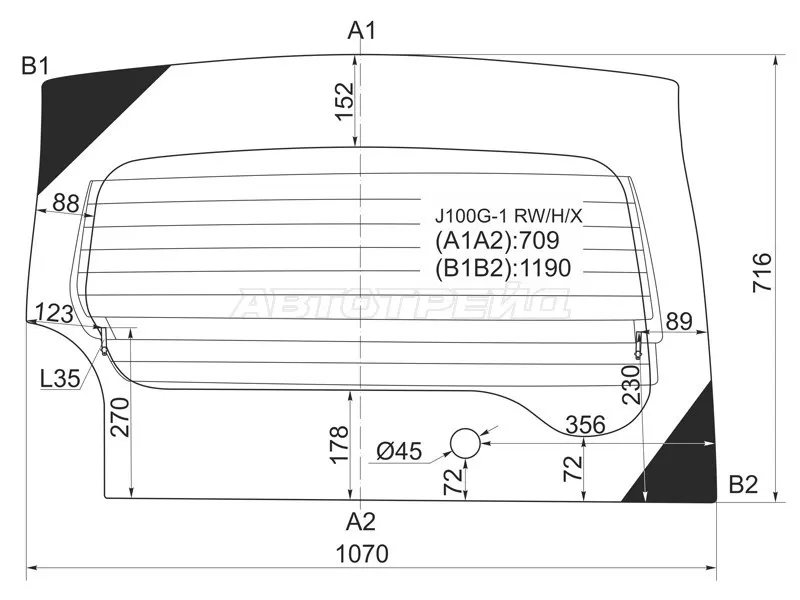 Стекло заднее (Цвет зеленый / Обогрев) Daihatsu Terios 97-06  / Terios Kid 98-12  / Toyota Cami 99-06 (XYG: J100G-1 RW/H/X)