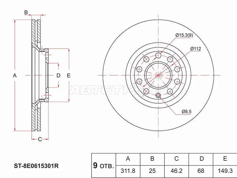 Диск тормозной (Перед) Audi A4 00-09  / A6 97-08  / Volkswagen Passat 00-05  / Audi S4 03-05  / S6 99-04 (SAT: ST-8E0615301R)