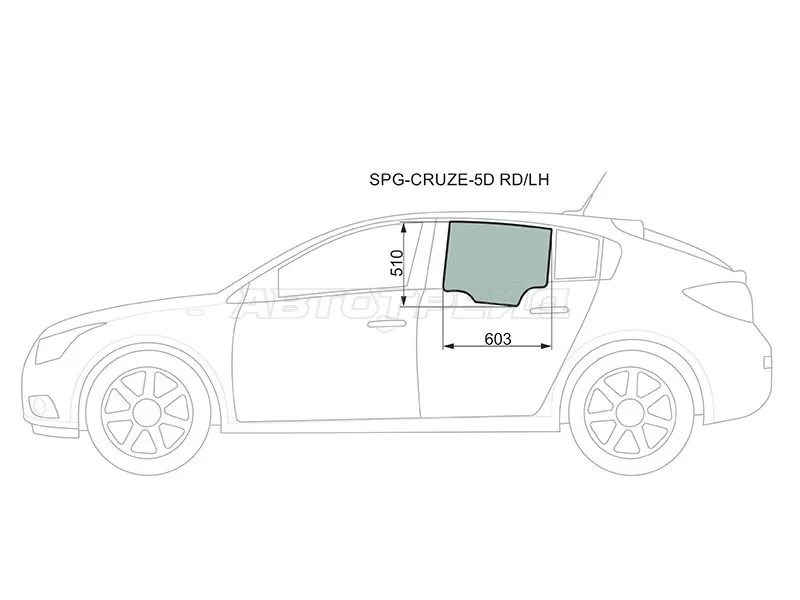 Стекло боковое опускное (Сзади / Слева / Цвет зеленый) Chevrolet Cruze 12-15 (SAT: SPG-CRUZE-5D RD/LH)