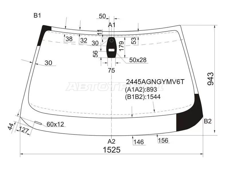 Стекло лобовое (Датчик дождя / Прямоугольный датчик дождя) BMW 5-Series 03-07 (FUYAO: 2445AGNGNMV)