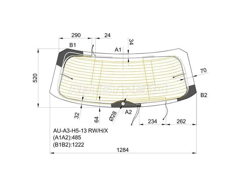 Стекло заднее (Цвет зеленый / Обогрев / Антенна) Audi A3 12-19  / S3 13-16 (XYG: AU-A3-H5-13 RW/H/X)