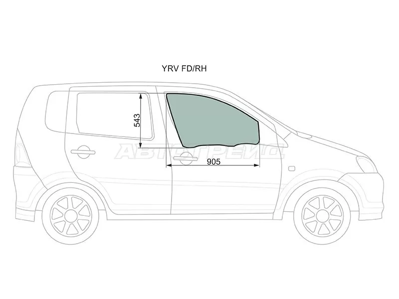Стекло боковое опускное (Спереди / Справа / Цвет зеленый) Daihatsu YRV 00-05 (XYG: YRV FD/RH)