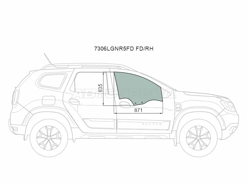 Стекло боковое опускное (Спереди / Справа / Цвет зеленый) Renault Duster 21-  / Dacia Duster 17- (XYG: 7306RGNR5FD FD/RH)