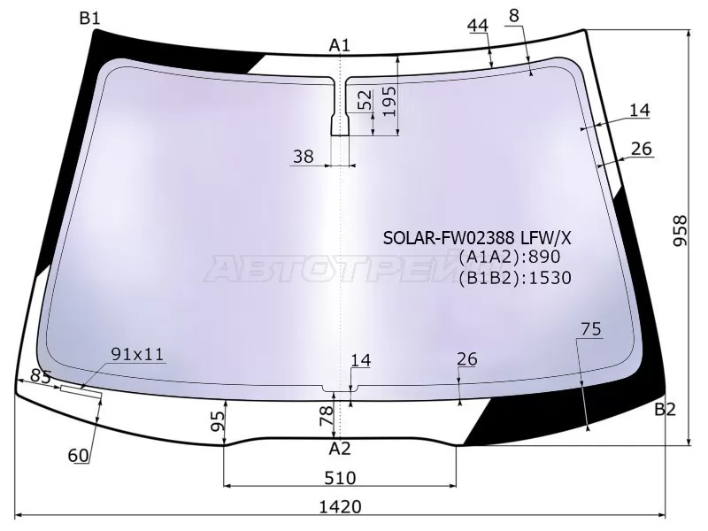 Стекло лобовое (Атермальное) Honda Accord 02-08  / Acura TSX 03-08 (XYG: SOLAR-FW02388 LFW/X)