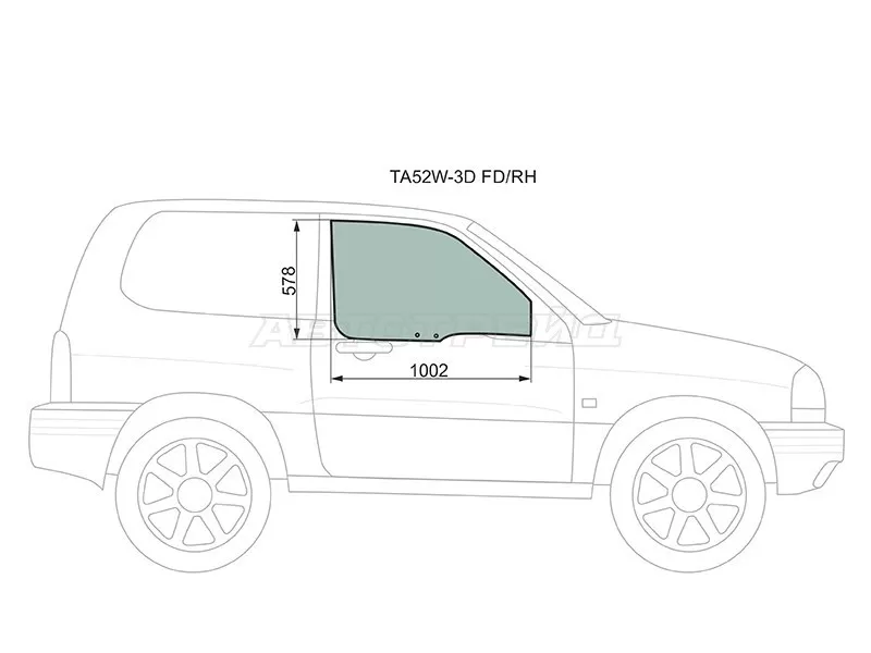 Стекло боковое опускное (Спереди / Справа / Цвет зеленый) Suzuki Escudo 97-05  / Grand Vitara 97-05  / Chevrolet Tracker 97-05  / Mazda Proceed Levante 98-99  / Suzuki Grand Escudo 00-05  / Grand Vitara XL-7 01-06 (XYG: TA52W-3D FD/RH)