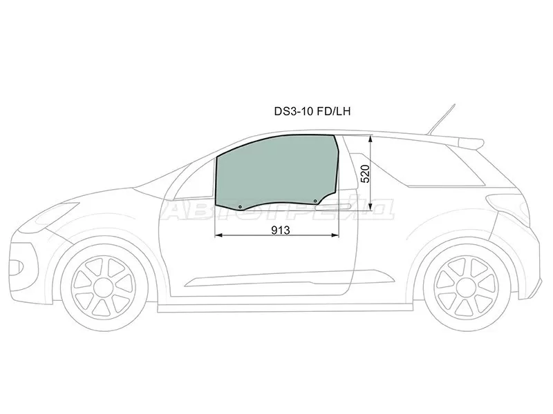 Стекло боковое опускное (Спереди / Слева / Цвет зеленый) Citroen DS3 09-16 (XYG: DS3-10 FD/LH)