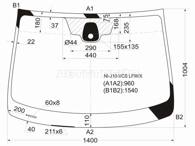 Стекло лобовое (Датчик дождя) Nissan Qashqai 06-13  / Dualis 07-14  / Qashqai+2 08-14 (XYG: NI-J10-VCS LFW/X)