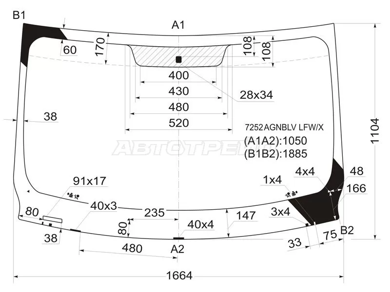 Стекло лобовое Nissan Primastar 02-14  / Opel Vivaro 01-14  / Renault Trafic 01-14 (XYG: 7252AGNBLV LFW/X)